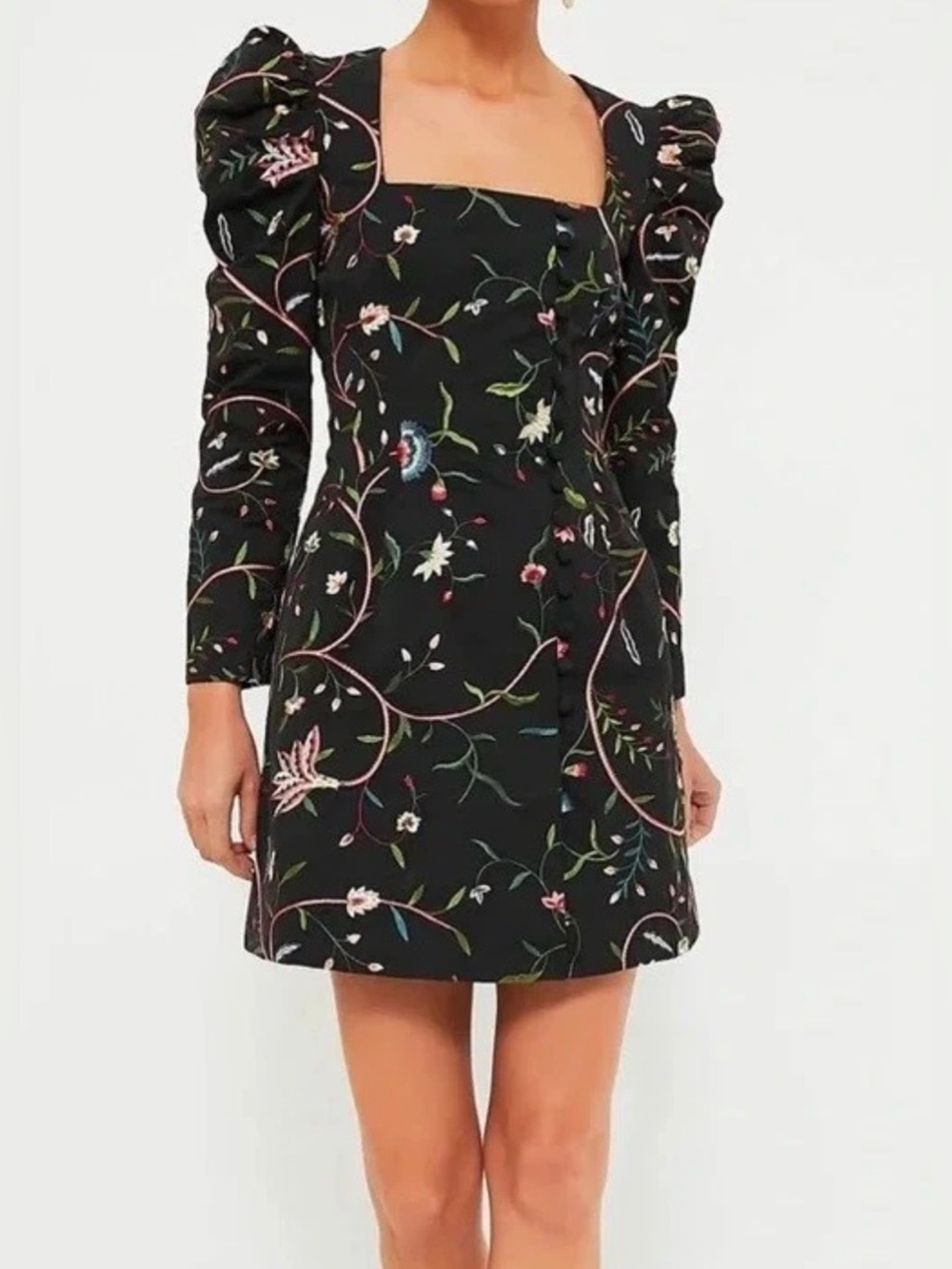 Tuckernuck Black Embroidered Calla Square Neck Mini Dress Puff Sleeve Large C11
